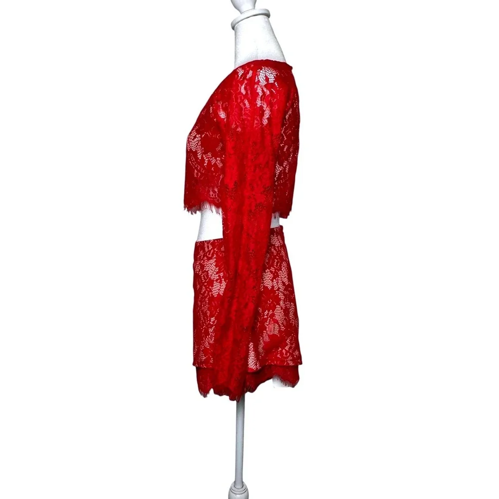 The Jetset Diaries Red Floral Lace Two Piece Set Crop Top and Shorts S/XS